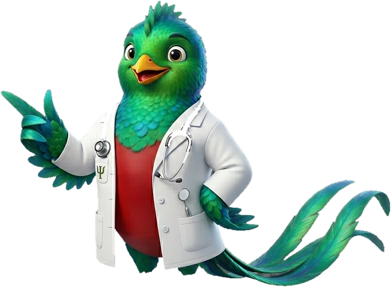 Quetzal, la mascota profesional de la salud de MiSaludCita, señalando hacia la información
