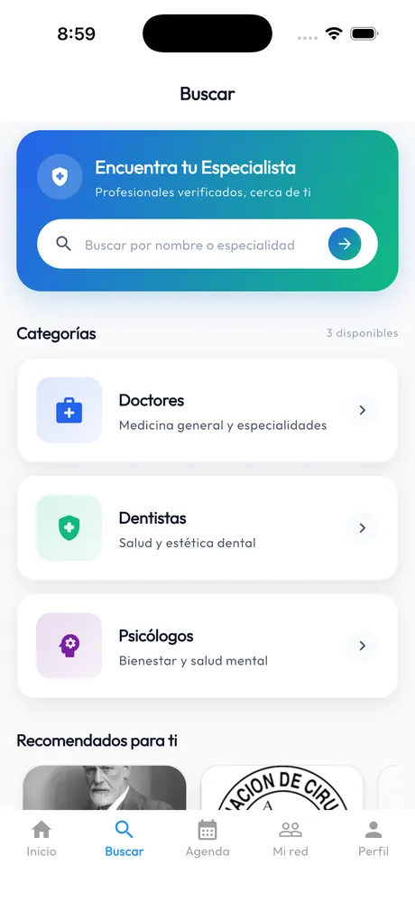 Buscador de especialistas en la app MiSaludCita