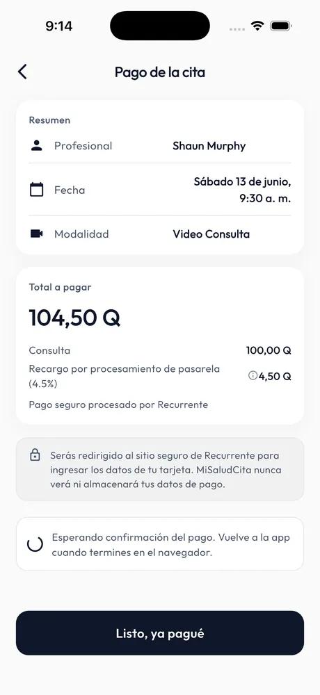 Pantalla de pago de cita en quetzales